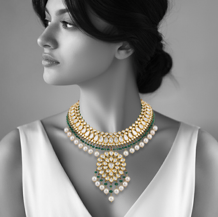 Polki and Pearl Choker Necklace with Emerald Accents